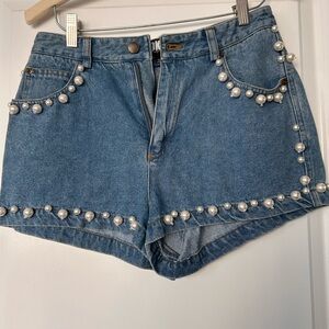 DKNY Blue Jean Shorts with Pearl Accents